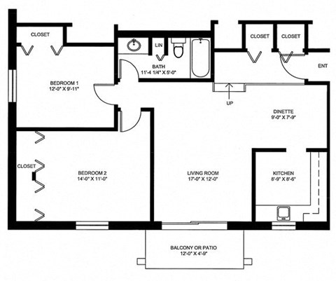 Floor plan for 2 beds, 1 bath, 913 sqft